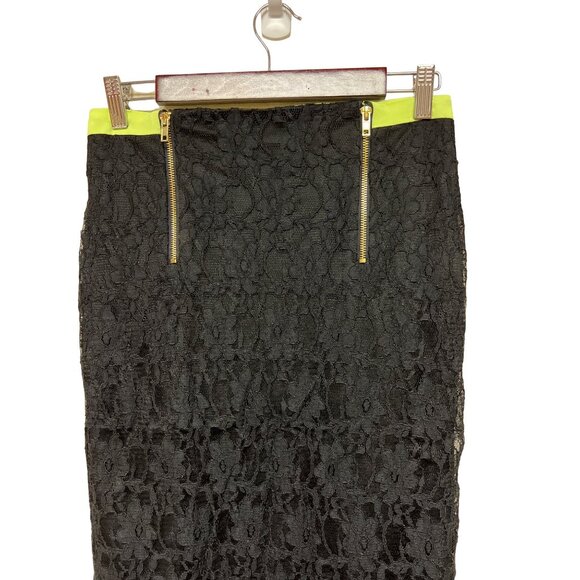 Gibson & Latimer Women's Skirt Black Lace Yellow Neon Zipper Trim Layer Size 8 - Picture 5 of 11